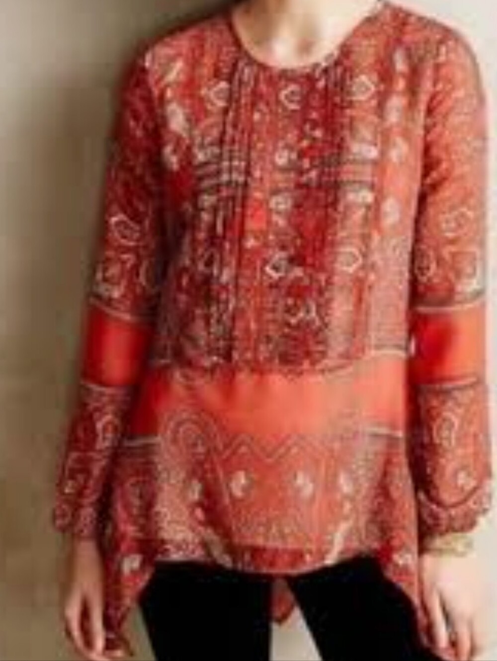 Anthropologie Orange Paisley Ruffle Front Blouse